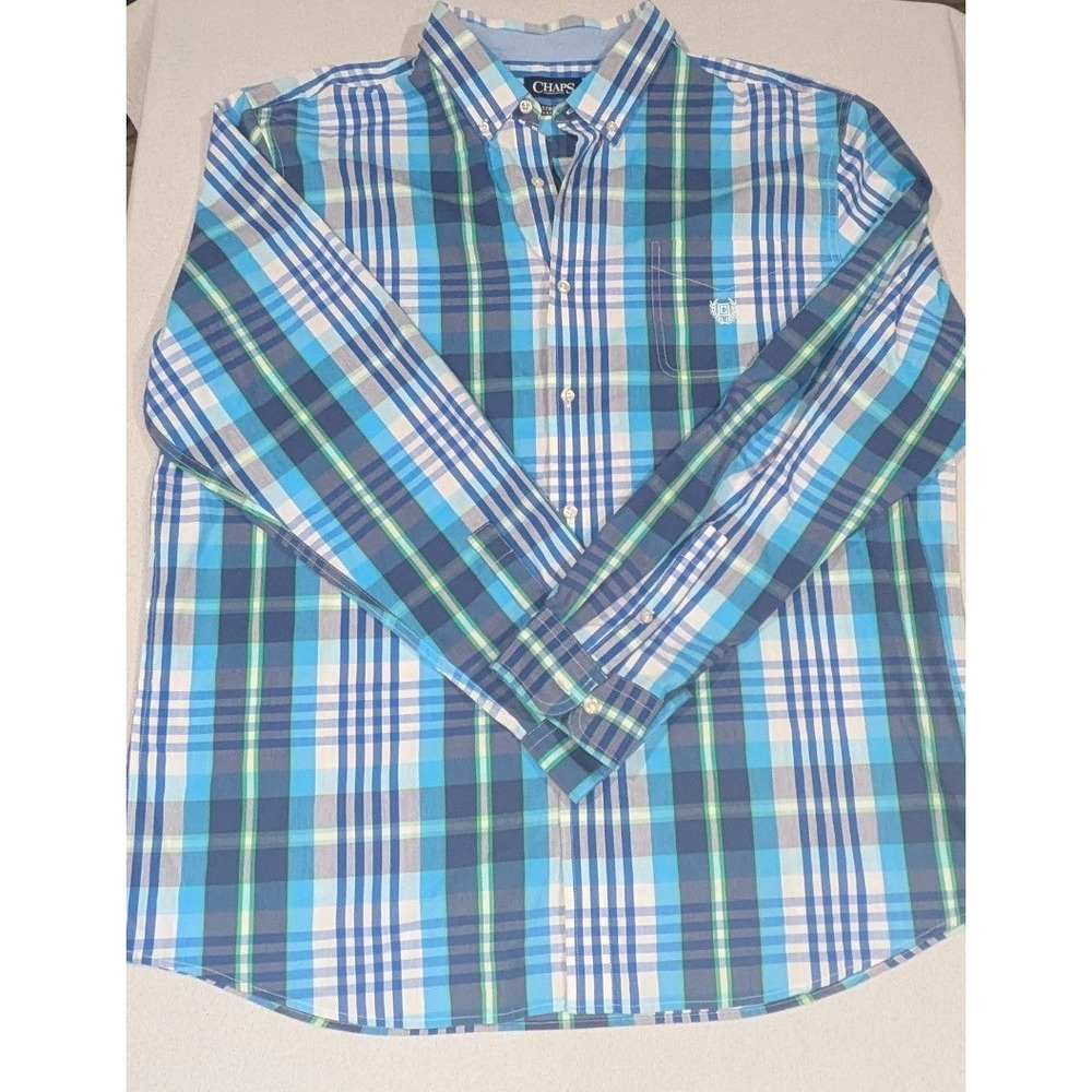 Chaps Button Down Shirt Mens XXL Blue Plaid Excellent Stretch Easy Care Long Slv